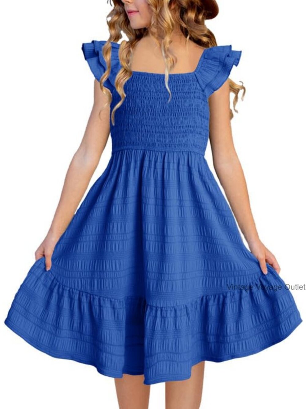 Girls Smocked Ruffle Dress Square Neck Short Sleeve Casual Summer Tween 6-15